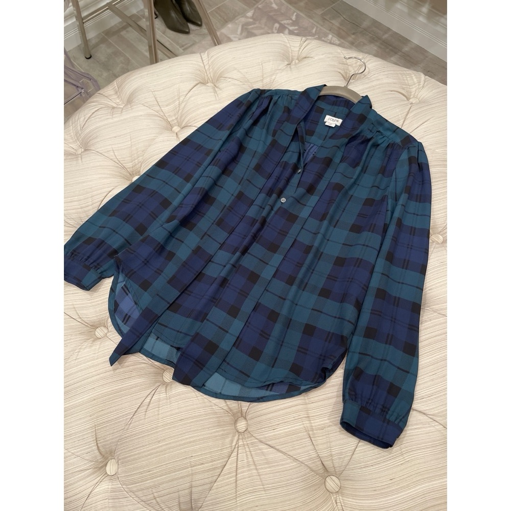 J. Crew Dark Green and Navy Plaid Blouse with Collar Necktie